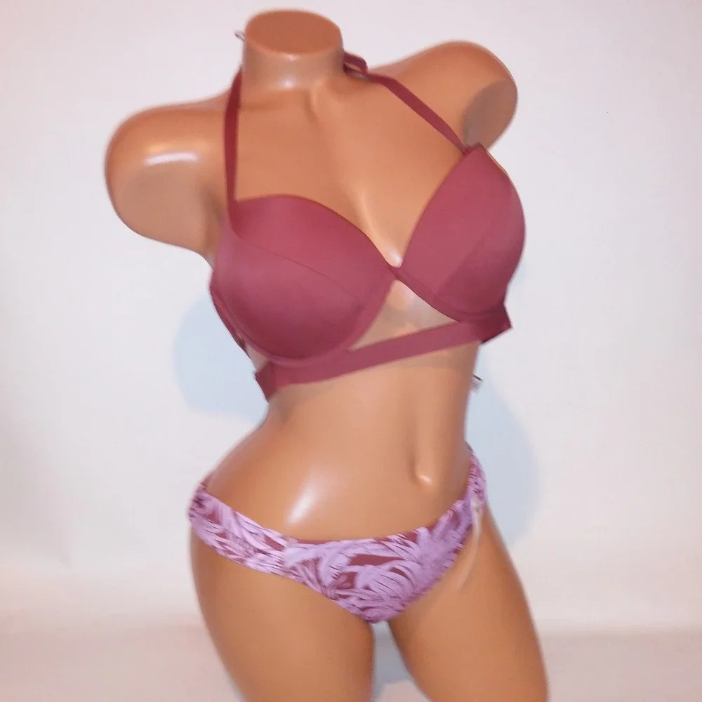 Victoria Secret Swim Bikini 36C Top Medium Bottom Purple Ginger Push Up Floral